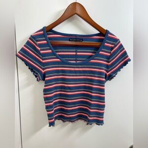 Abercrombie & Fitch Navy, Pink, White & Red Striped Ribbed Scoop Crop Top